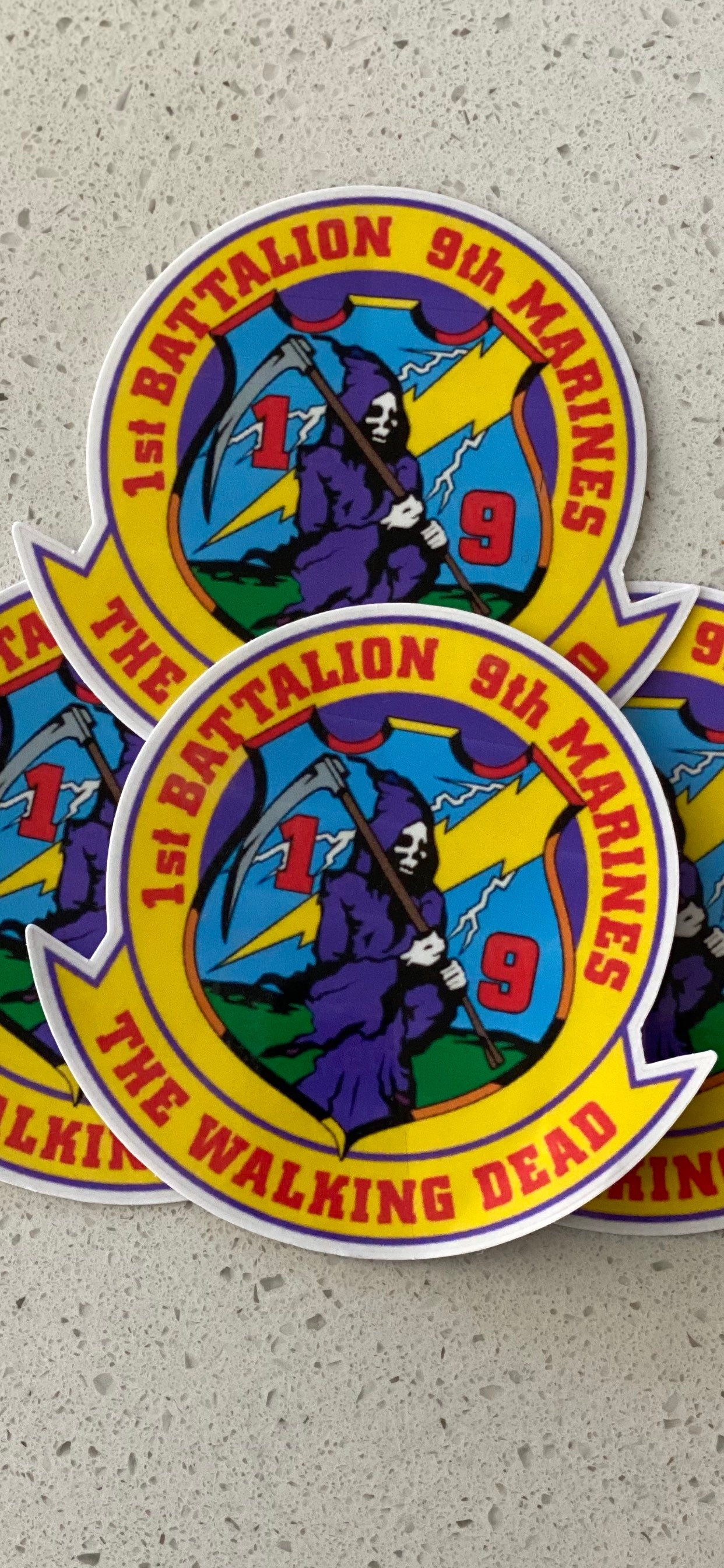 1st Battalion 9th Marines The Walking Dead stickers. Perfect for slapping on the back of your car, truck, water bottle etc.