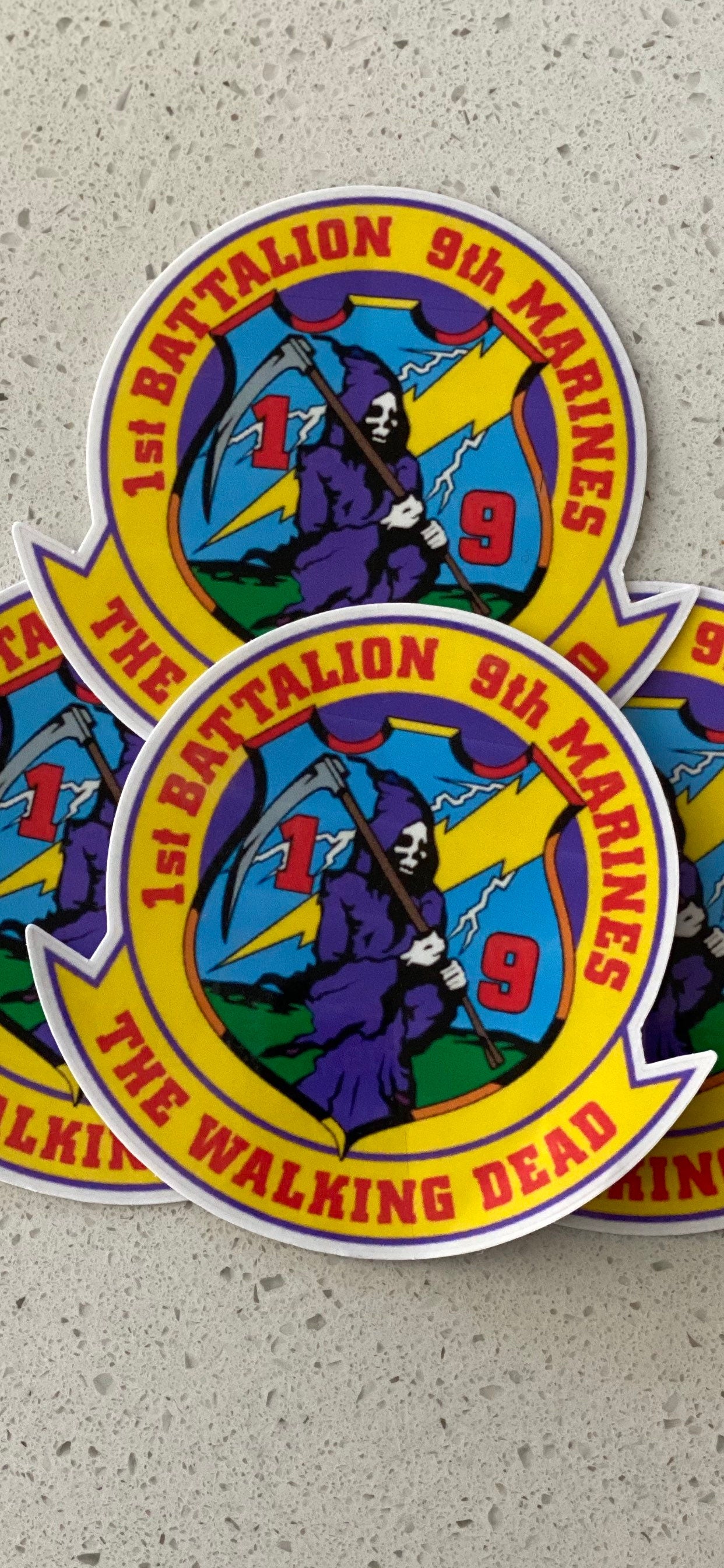 1st Battalion 9th Marines The Walking Dead stickers. Perfect for slapping on the back of your car, truck, water bottle etc.