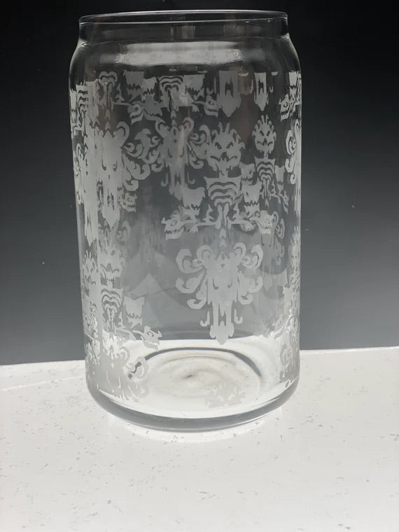 Etched Beer can shaped glass- Haunted Mansion