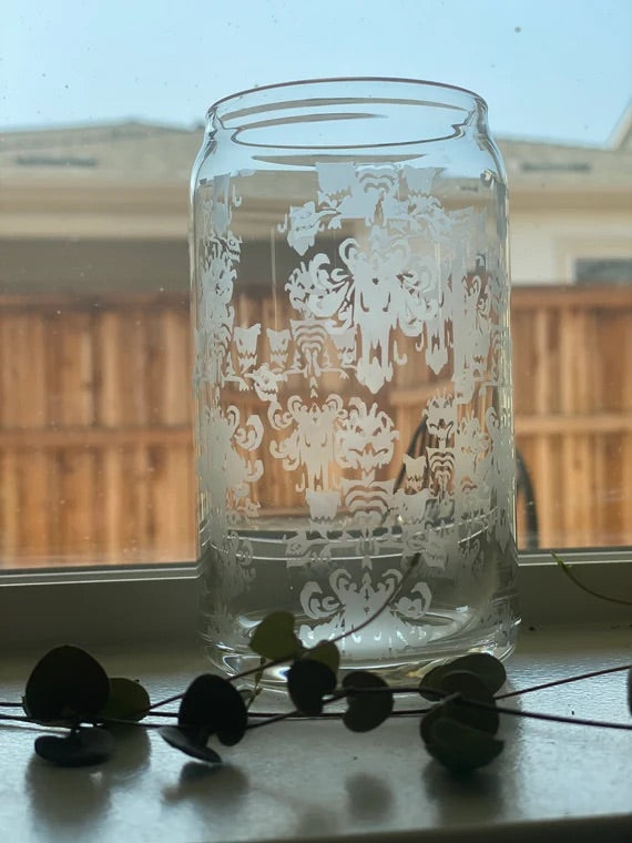 Etched Beer can shaped glass- Haunted Mansion