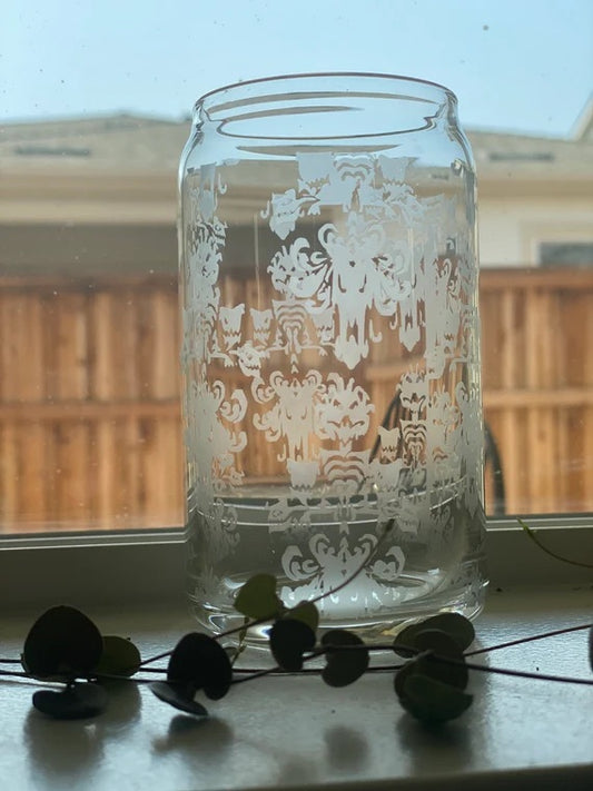 Etched Beer can shaped glass- Haunted Mansion